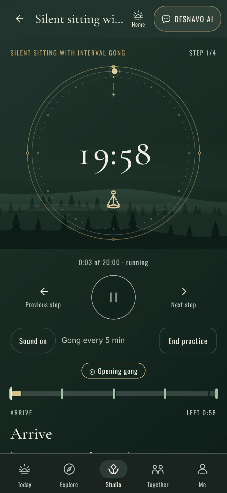 A running silent sitting with interval gong: remaining time, pause, step back and forward, end practice.