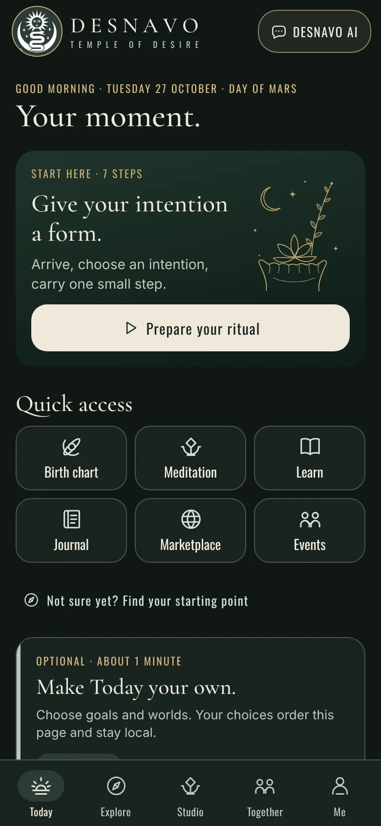DESNAVO on a phone: the “Today” area with a greeting, the prepared ritual and shortcuts to birth chart, meditation, learning, journal, marketplace and events.